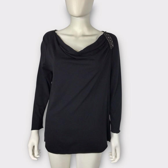 Velvet Tops - Velvet Black Embellished Tee Shirt 100% Cotton with Cowl Neck & Long Sleeves
